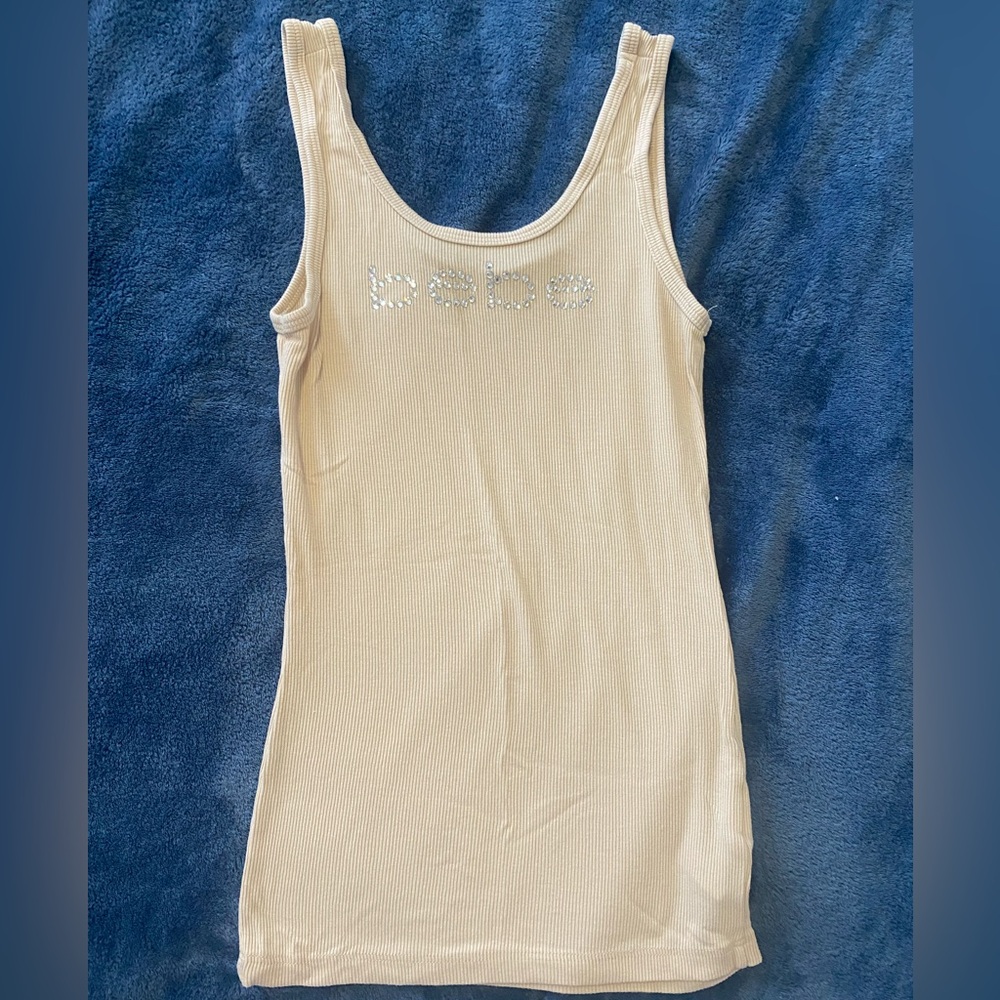 Bebe Beige Ribbed Tank Top with Embellished Logo